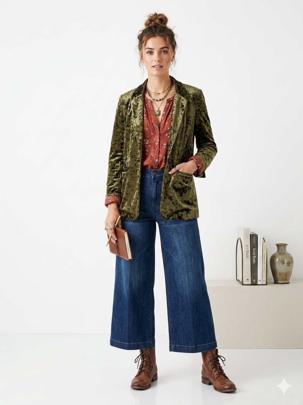 Sanctuary Olive Green Crushed Velvet Single Button Blazer Jacket w/ Floral Liner